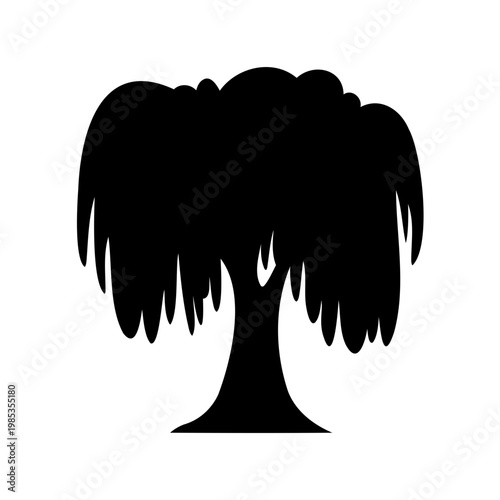 Silhouette of a weeping willow tree with drooping branches and foliage
