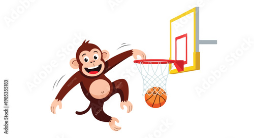 A cartoon monkey jumping to dunk a basketball into a hoop with a yellow backboard and red rim against a clean white background.