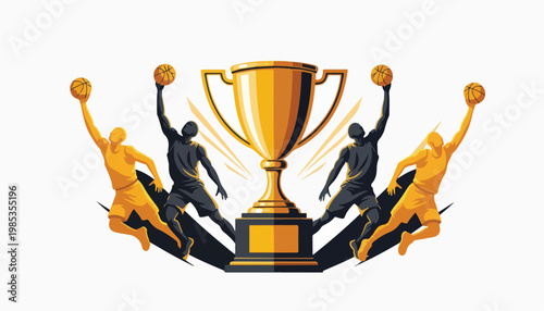 Illustration of a golden trophy cup with silhouettes of basketball players jumping and throwing balls in different poses against a white background with a competitive mood.