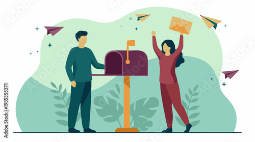 People celebrating mail reception with paper planes and a mailbox