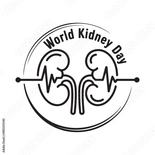 World kidney day illustration with kidney organs and electrocardiogram lines inside a circular frame