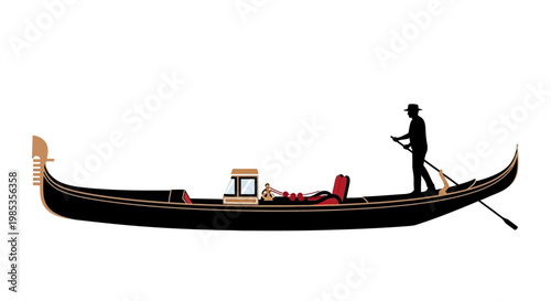 Venetian Gondola with Gondolier Silhouette on White Background