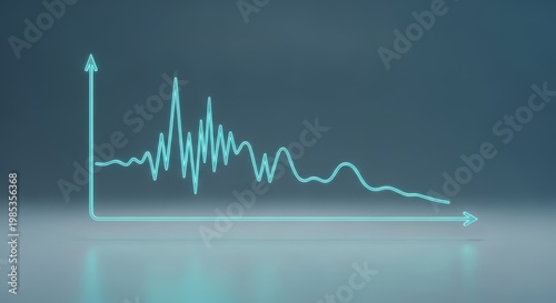 Line graph 3D render, floating data visualization, declining performance trend chart, cyan analytical system graph, minimal futuristic dashboard concept, abstract analytics model