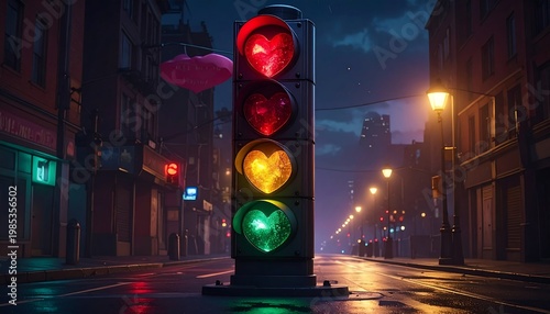 A traffic light on a wet city street at night