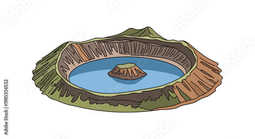 Volcanic crater lake with island, isolated on white background, cartoon style