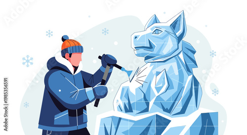 Winter Ice Sculpture Artist Carving Animal Statue with Tools