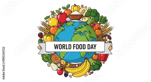 World Food Day Globe Surrounded by Fresh Fruits and Vegetables