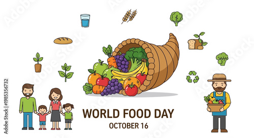 World Food Day Illustration: Family, Farmer, Cornucopia, Healthy Food & Agriculture