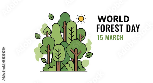 World Forest Day Illustration: Lush Green Trees, Sun, and Leaves on White
