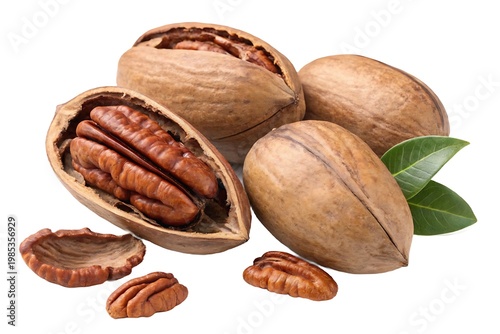 Pecans with shells and kernels on a white background nuts food