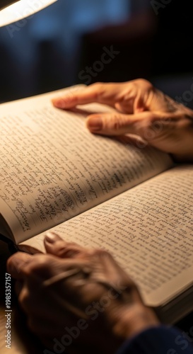 Hands reading an old book.