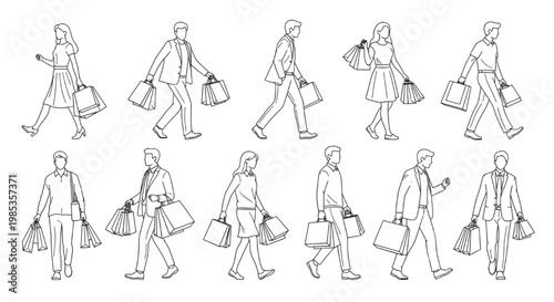 Diverse Collection of Shoppers Carrying Bags, Illustrating Modern Consumer Lifestyle and Retail Activity