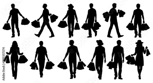 Diverse collection of people silhouettes carrying shopping bags, representing consumerism and retail activities