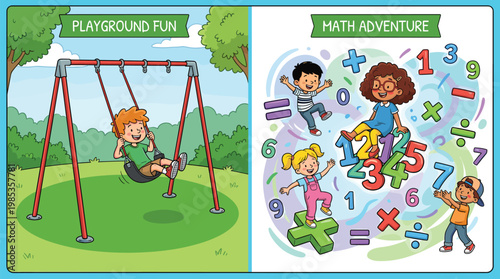Playground Fun and Math Adventure Vector Set with Kids Playing on Swings and Exploring Numbers for Educational Designs