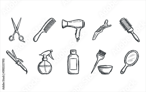 Coiffure grooming supplies and hair coloring tools hand drawn ink illustration