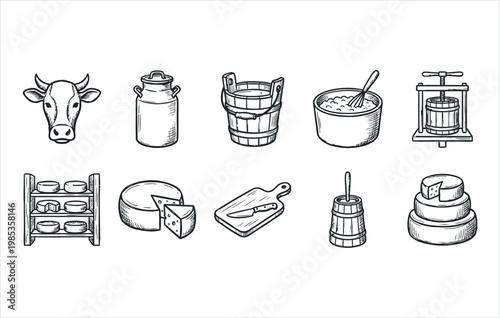 Farmhouse dairy processing and aged cheese cellar elements hand drawn sketch