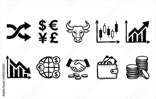 Financial growth indicators and business agreement graphics hand drawn ink art