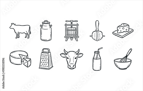 Fresh dairy harvest and organic milk processing elements hand drawn doodle