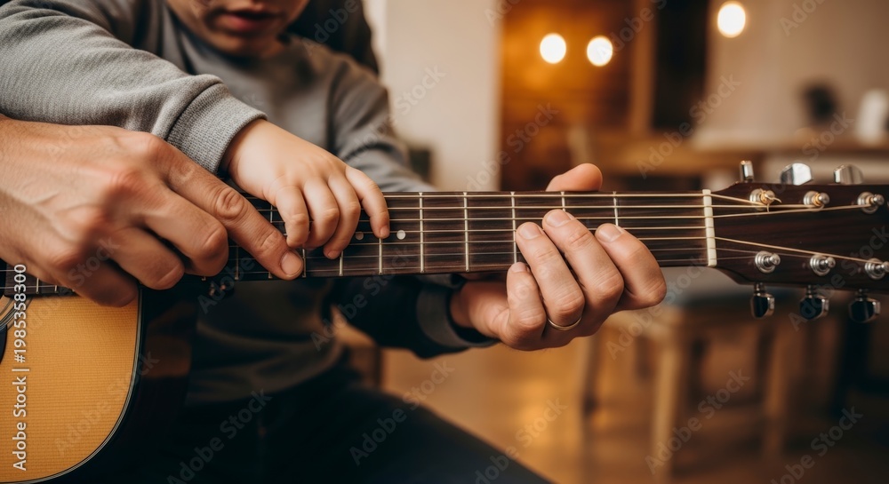 Obraz premium Man playing acoustic guitar indoors leisurely.