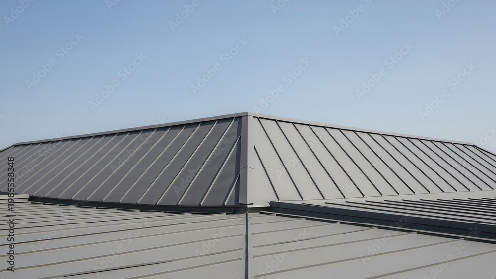 Fototapeta premium Modern architectural grey metal roof structure with standing seams under a clear sky showcasing