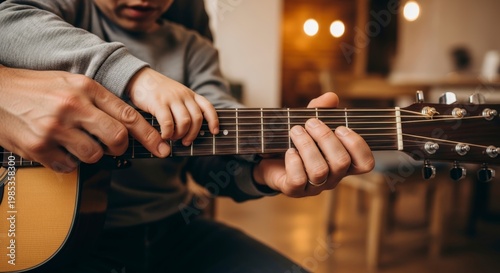 Man playing acoustic guitar indoors leisurely.