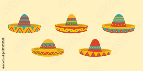 Collection of colorful Mexican sombrero hats in flat vector style. Decorative traditional hats with festive patterns inspired by Mexican culture, perfect for Cinco de Mayo, fiesta themes, and celebrat