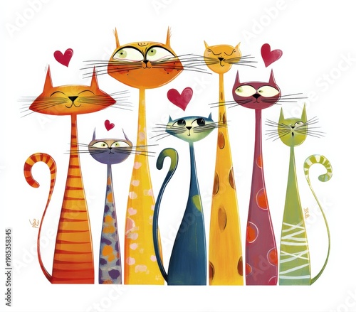 Whimsical illustration of a colorful group of stylized cats with hearts, perfect for playful, charming designs