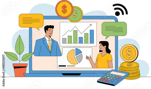 Illustration depicting the concept of cash flow cycle in business operations, vector diagram showing money flow between income, expenses, and reinvestment, representing financial circulation