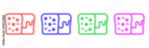 set of colorful neon icons representing toast with spread jam or butter dripping down in a simple outline style on a white background