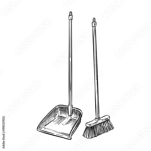 broom and dustpan set vector line art hand drawn illustration
