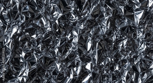 Crinkled silver foil texture background closeup.