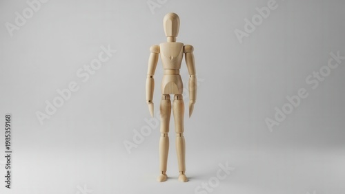 Artistic wooden mannequin figure standing centrally against a clean minimalist background for