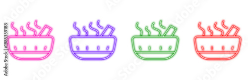 a set of colorful neon icons representing a mortar and pestle with steam rising indicating herbal medicine preparation for spa and wellness treatments