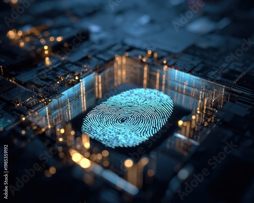 Digital Fingerprint Biometric Security Scan on Futuristic Circuit Board with Glowing Lights