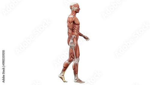 Detailed anatomical illustration of human musculature showcasing complex walking mechanics and