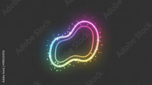 Dynamic colorful illuminated fluid outline with radiant light effects and glistening dots on grey