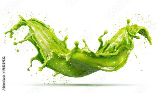 Vibrant green liquid splash frozen in motion against a clean white background, dynamic fluid art