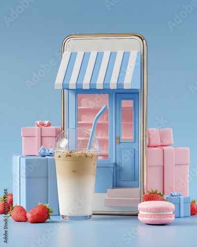 Digital E-commerce Storefront on Mobile Device Surrounded by Gifts and Refreshments