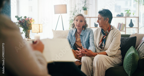 Φωτογραφία Marriage consultation, therapy and lesbian couple in office with therapist for growth, trust or communication