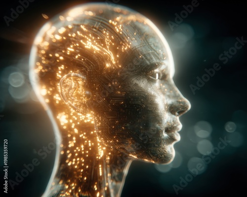 Futuristic AI Humanoid Head with Glowing Circuits and Digital Data Streams
