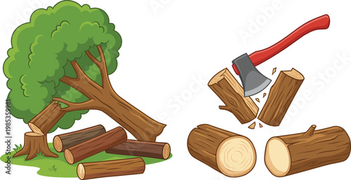 Wood Chopping Vector Set with Tree, Logs, and Axe Illustrations for Forest, Lumber, and Nature Designs