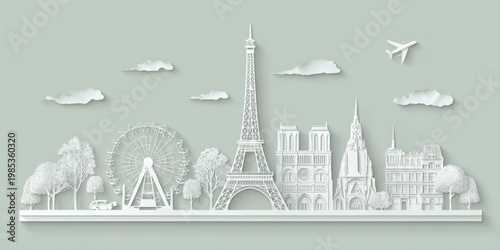 Charming Papercut Skyline of Paris with Iconic Landmarks, Ferris Wheel, and Airplane in Sky