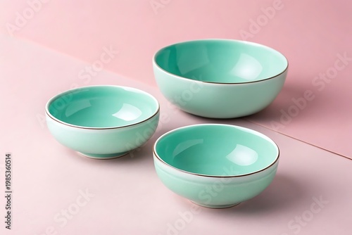 Three Small Teal Ceramic Bowls with Gold Rim on Pink Background turquoise green