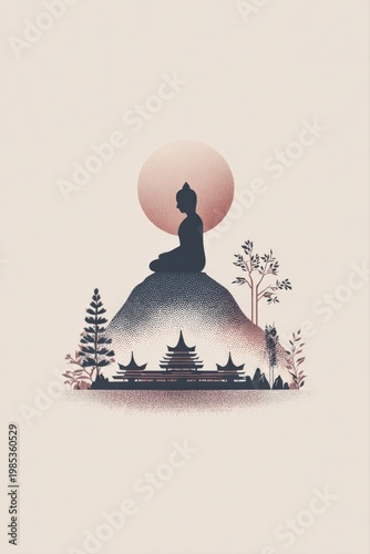 Serene Buddha Silhouette Meditating on Mountain Peak Above Temple Amidst Trees and Tranquil Sun