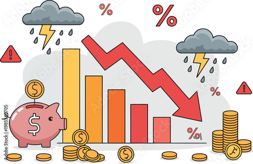 Illustration depicting the impact of an economic crisis on savings and investments, vector concept showing declining charts, reduced savings, and unstable financial markets, representing risk
