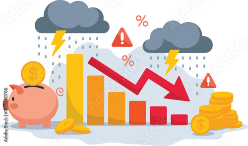 Illustration depicting the impact of an economic crisis on savings and investments, vector concept showing declining charts, reduced savings, and unstable financial markets, representing risk