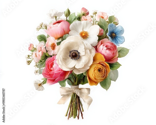Beautiful Assortment of Fresh Spring Flowers, Delicate Petals, and Green Leaves Tied with a Ribbon