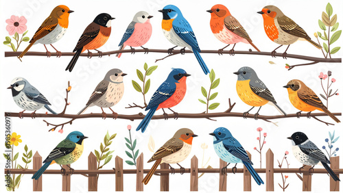 Hand-Drawn Spring Birds in Perched Poses for Nature Illustration Set