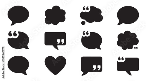 Collection of black speech bubble icons with quotation marks and shapes.
