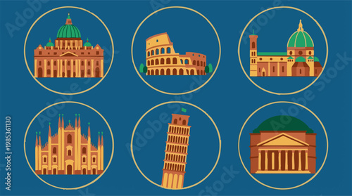 Flat design vector icons of famous Italian architectural landmarks